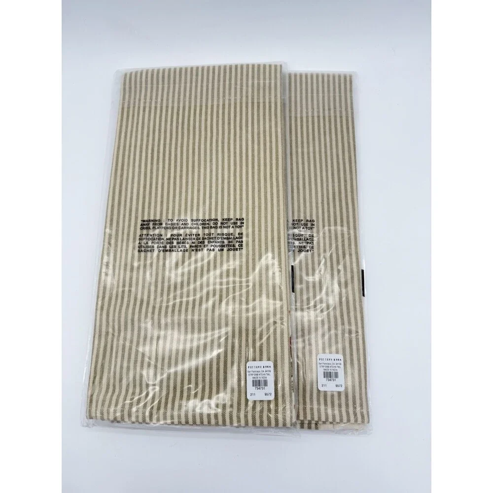 Pottery barn stripe embroidered floral kitchen towel Cotton Beige Flowers Set 2
